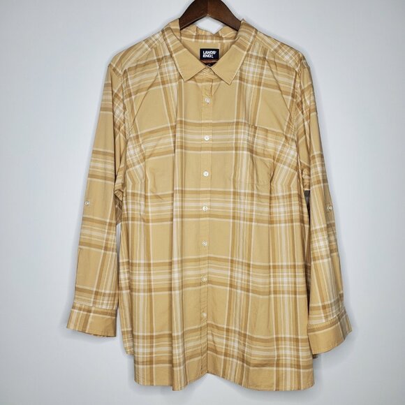Lands' End Womens Tan Plaid Button Front Blouse Size 2X Lightweight Cotton - Picture 1 of 8